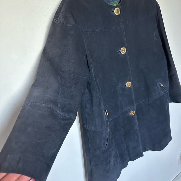 Vintage Danier Leather Suede Navy Blue Jacket Military Button Up Shoulder Pads - Picture 6 of 16